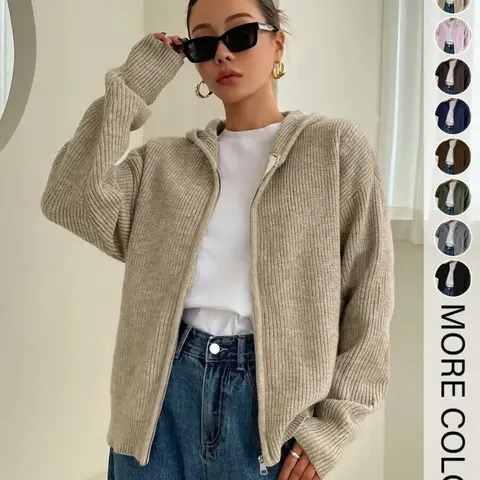 Women's Solid Zip Up Hooded Sweater Cardigan, Casual Drop Shoulder Long Sleeve Cardigan, Women Knitwear for Fall & Winter Daily Wear