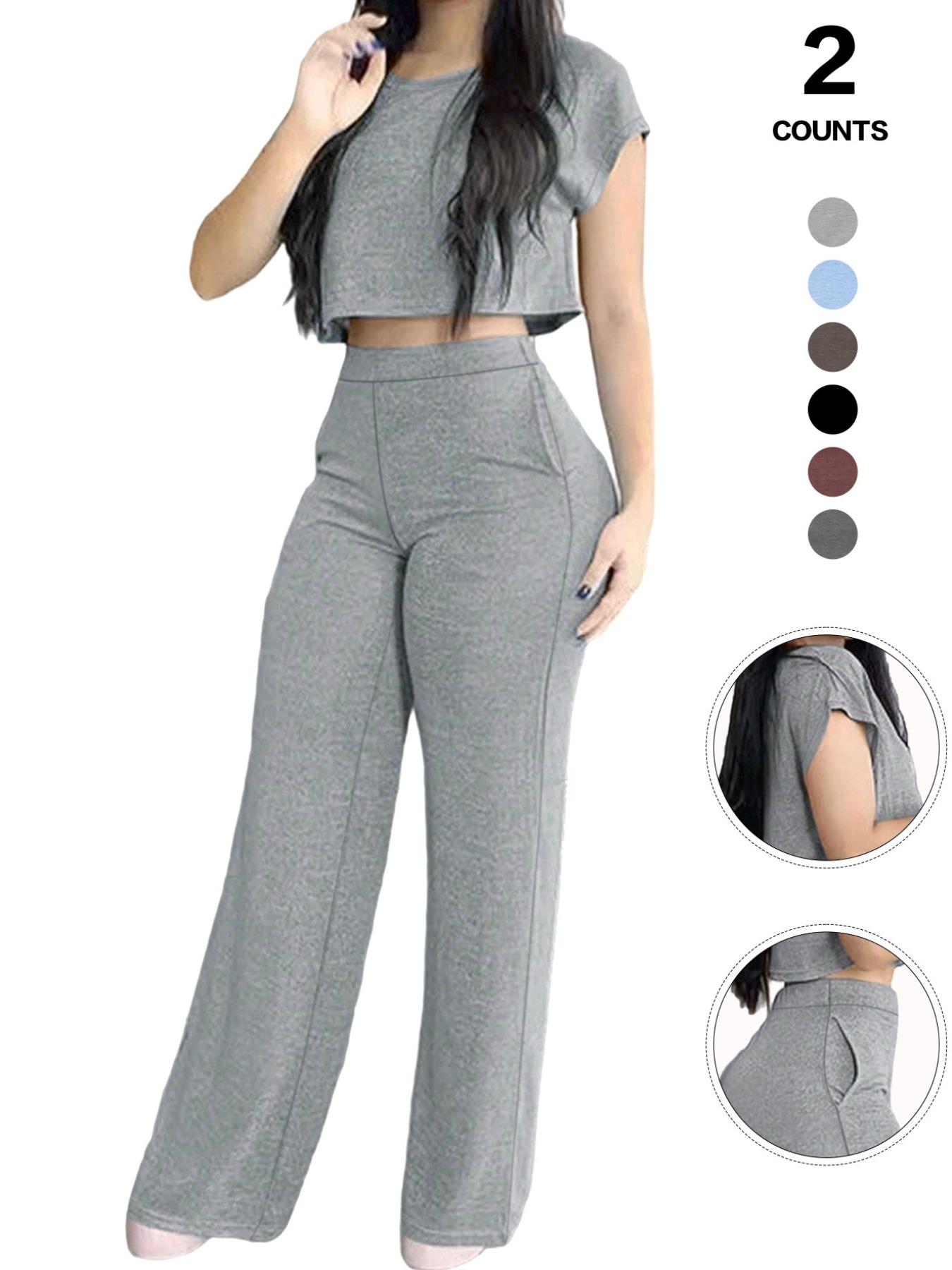 Women's Casual Elegant Solid-Color Suit Set, Short Top & High-Waisted Pants with Pockets, Comfortable Sporty Two-Piece