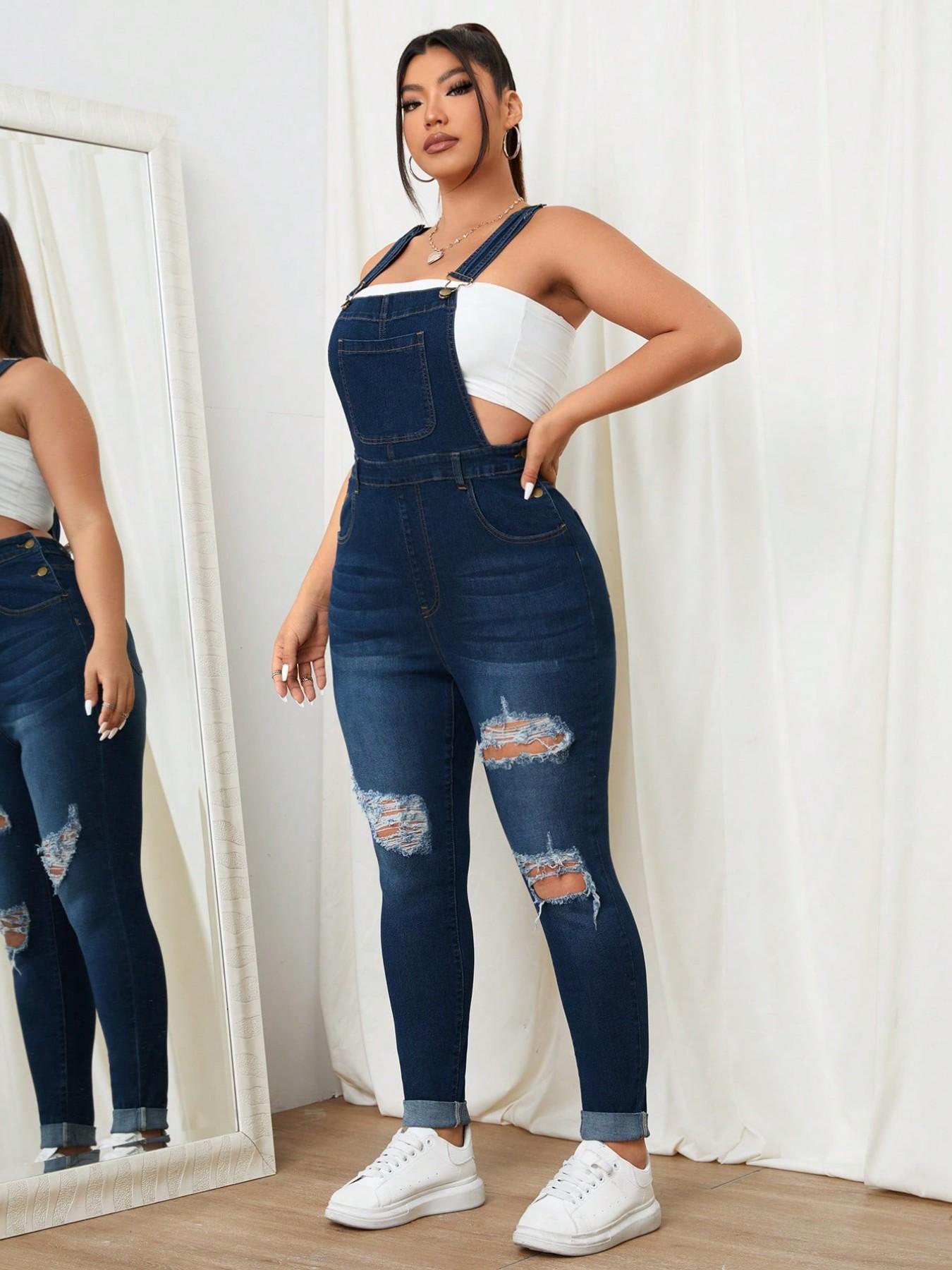 Women's Sweet Cool Denim Strap Jumpsuit, Boho Ripped Design Loose Fit Slimming Overall, Dark Color Casual Home Essential Bohemian Womenswear