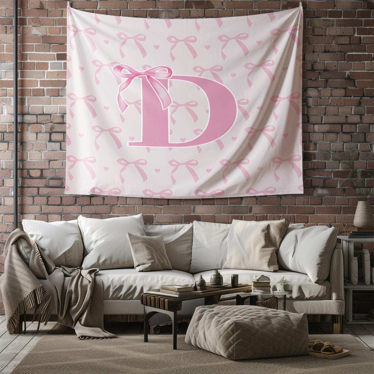 Pink Bow Heart Wall Tapestry, Custom Initial Sweet Print, Soft Decorative, Ideal for Girls Bedroom Living Room Wall Decor