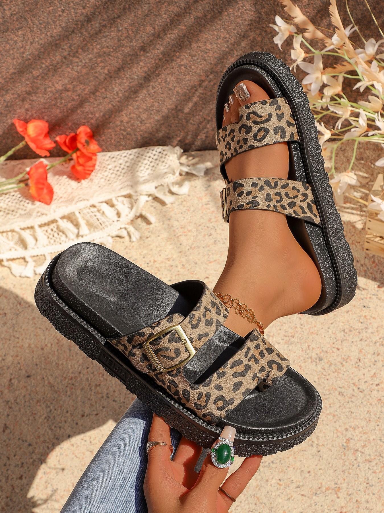 Women's Fashion Retro Leopard Print Slippers, Dual Strap Buckle Design, Thick Sole Height Increase, Soft Comfortable, Versatile Streetwear