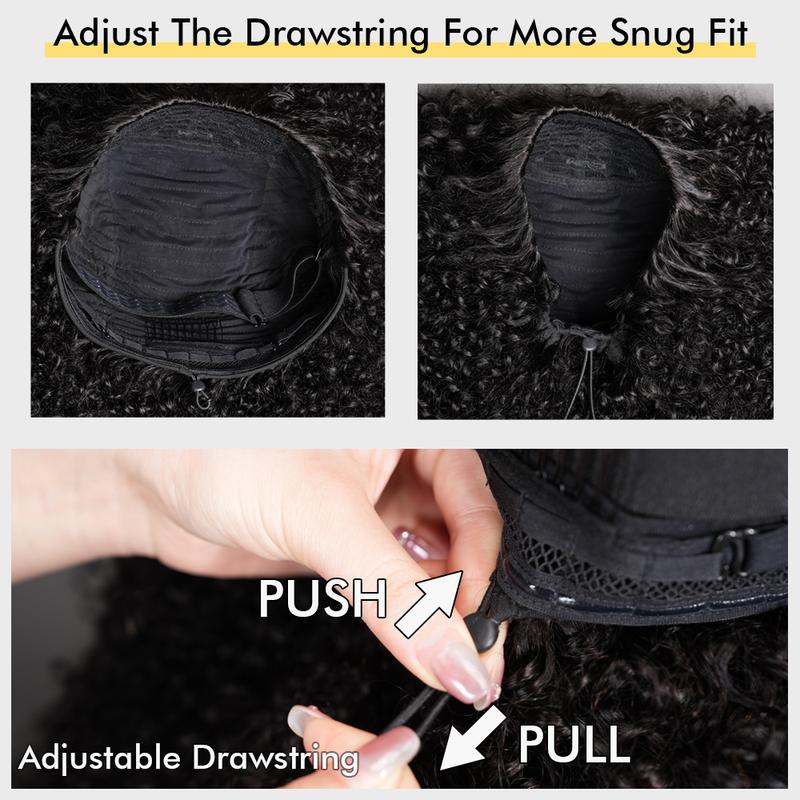 [Glueless Half Wig] QUANDIAN Kinky Curly Half Wig Wear Go Glueless Human Hair Wigs 200% Density Upgrade with Drawstring Cap Invisible Hairline Beginner Friendly