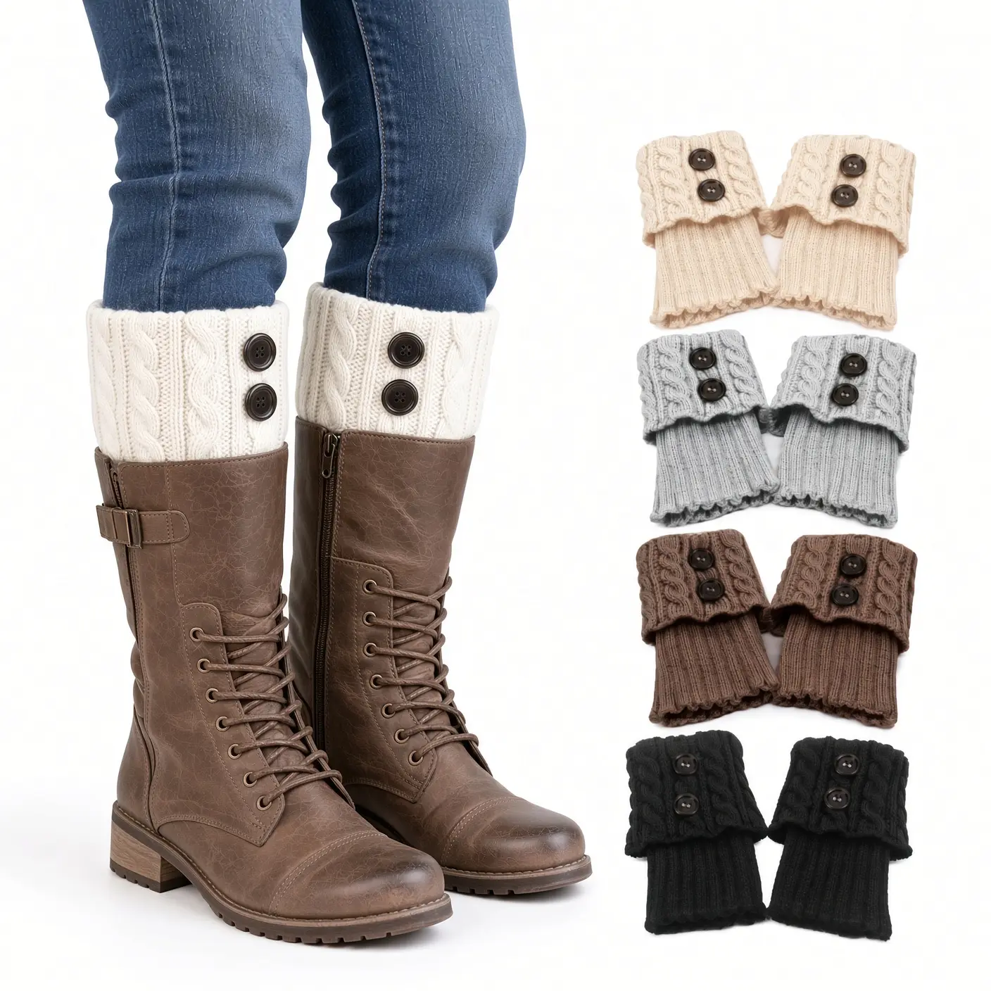 Retro Knit Knee High Boot Socks for Women, 4 Pairs Folded Double Button Cuff Thermal Socks, Elastic Warm Boot Top Socks for Fall Winter Outfits