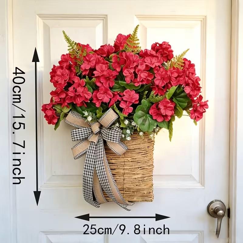 Spring Summer Geranium Artificial Flower Basket Wreath, Plaid Ribbon, Farmhouse Style Door Decor, Mother's Day Decoration