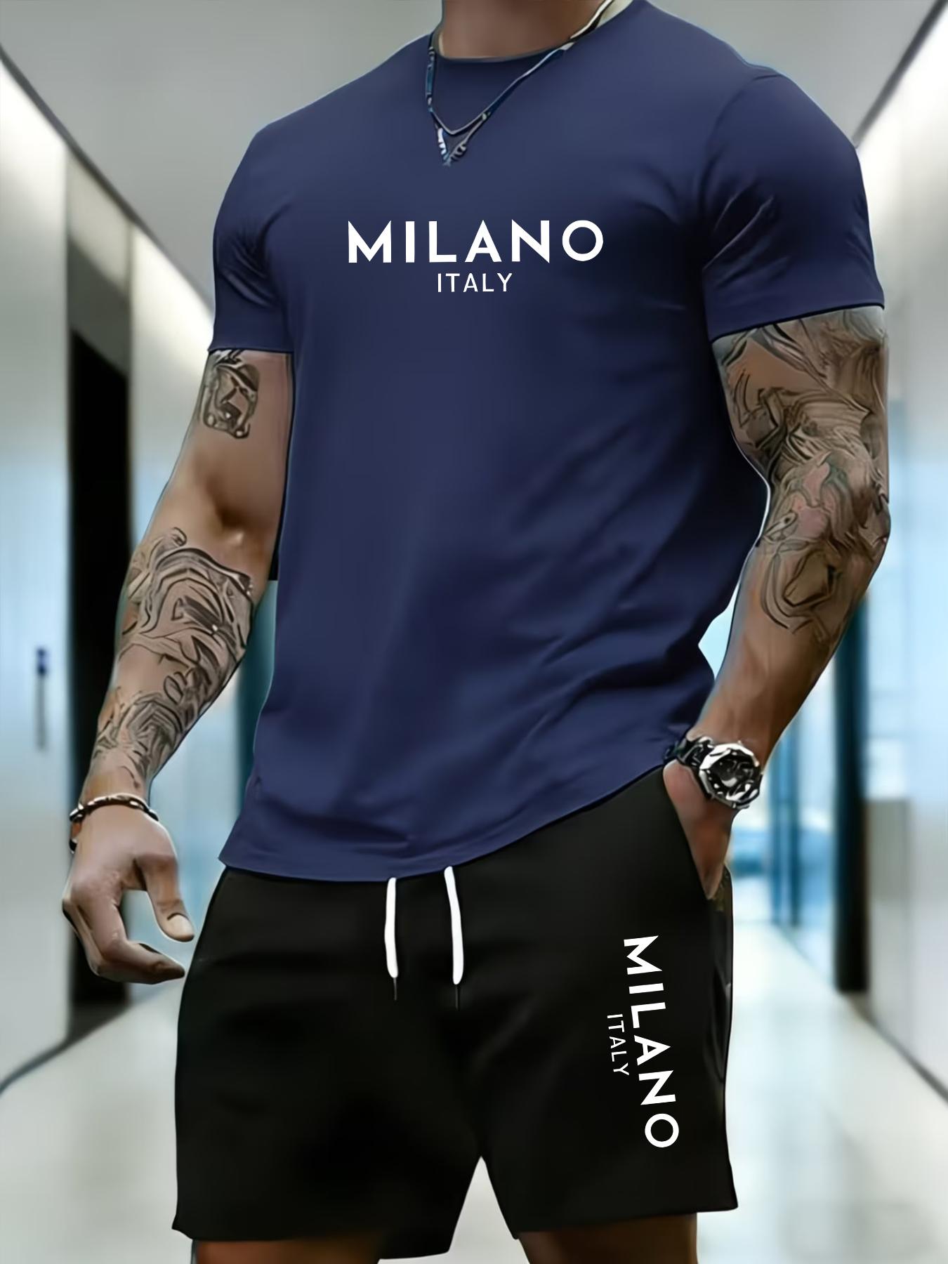 MILANO ITALY Italian Print Men's Suit - Summer Short-sleeved T-shirt + Shorts Set - Street Fashion Style