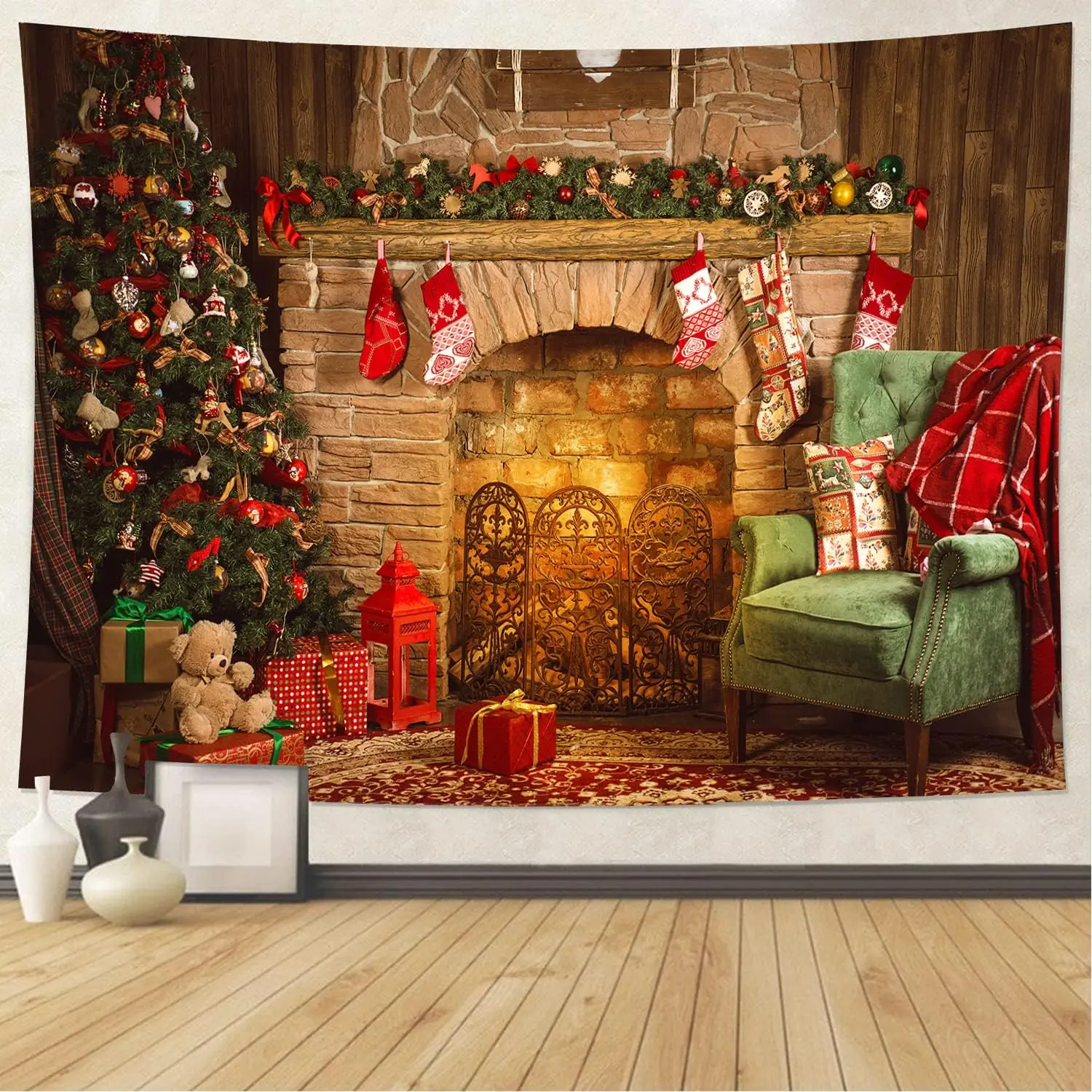 Wall Tapestry Christmas Colorful Tapestries Backdrop, Xmas Santa Claus, Tree & Fire Place for The Living Room Background Hanging Party Home Decor Series B