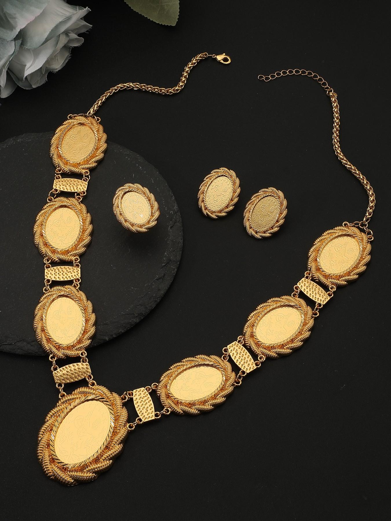 Vintage Turkish Oval Gold Coin Jewelry Set, 18k Gold Plated Luxury Exotic Accessories, Casual Stainless Steel Chain, All Seasons