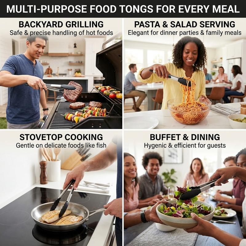 Stainless Steel Silicone Food Tongs for Kitchen, Heatproof and Non-Slip Cooking Utensils Suitable for Non-Stick Pans and Barbecue Tools