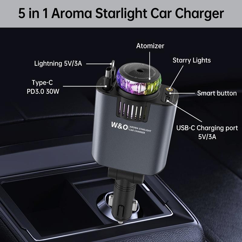 Starlight Retractable Car Charger with Aromatherapy, 5 in 1 Fast Charging 66W Car Phone Charger Adapter, USB C Car Accessories Compatible with iPhone 16/15/14/13/12/11 and Android