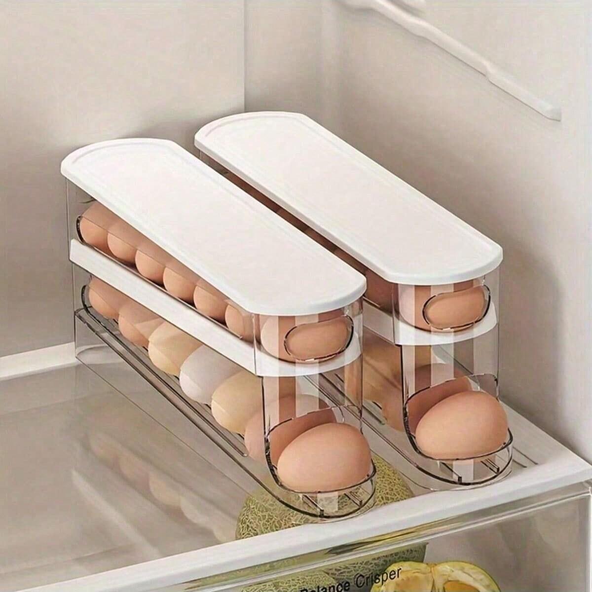 Double-Layer Refrigerator Egg Tray, Rolling Egg Dispenser, Automatic Repositioning, Transparent Plastic Storage Container, Space-Saving, Fridge Organizer, Refrigerator Accessories