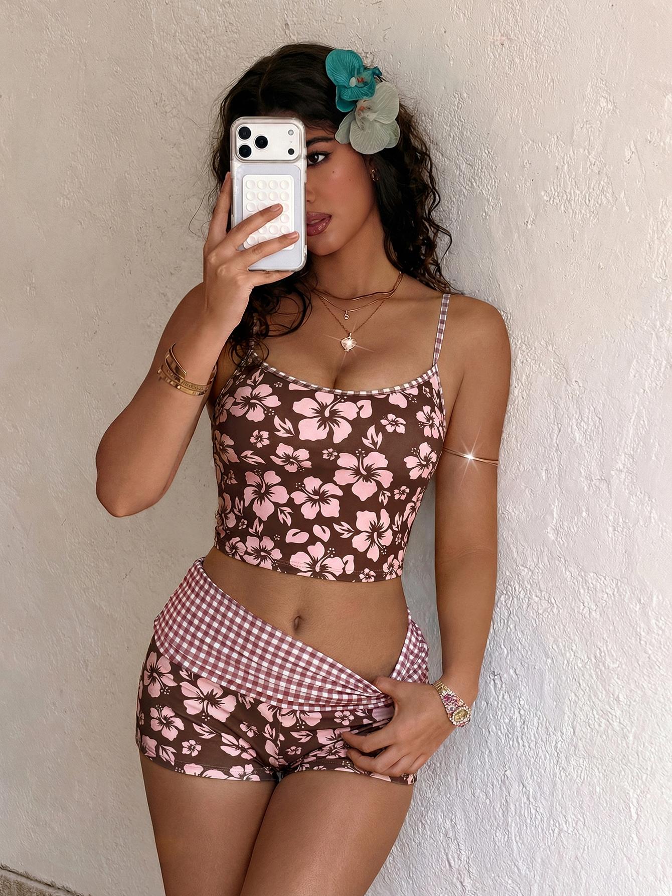 PEPPERMOLLY Women's Tropical Hibiscus Floral 2-Piece Tankini Swimsuit Set - Cami Tankini Top, High Waist Swim Shorts, Trendy Summer Beachwear Bathing Suit for Women, Two Piece Set,summervibes