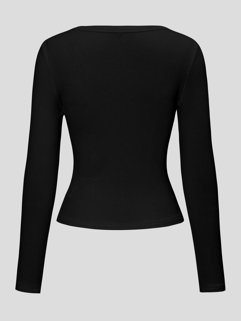 Solid Color Casual Slim-Fit Long Sleeve T-Shirt, Thin Fabric, Fall Season, Comfortable & Stylish Design for Women Daily Wear