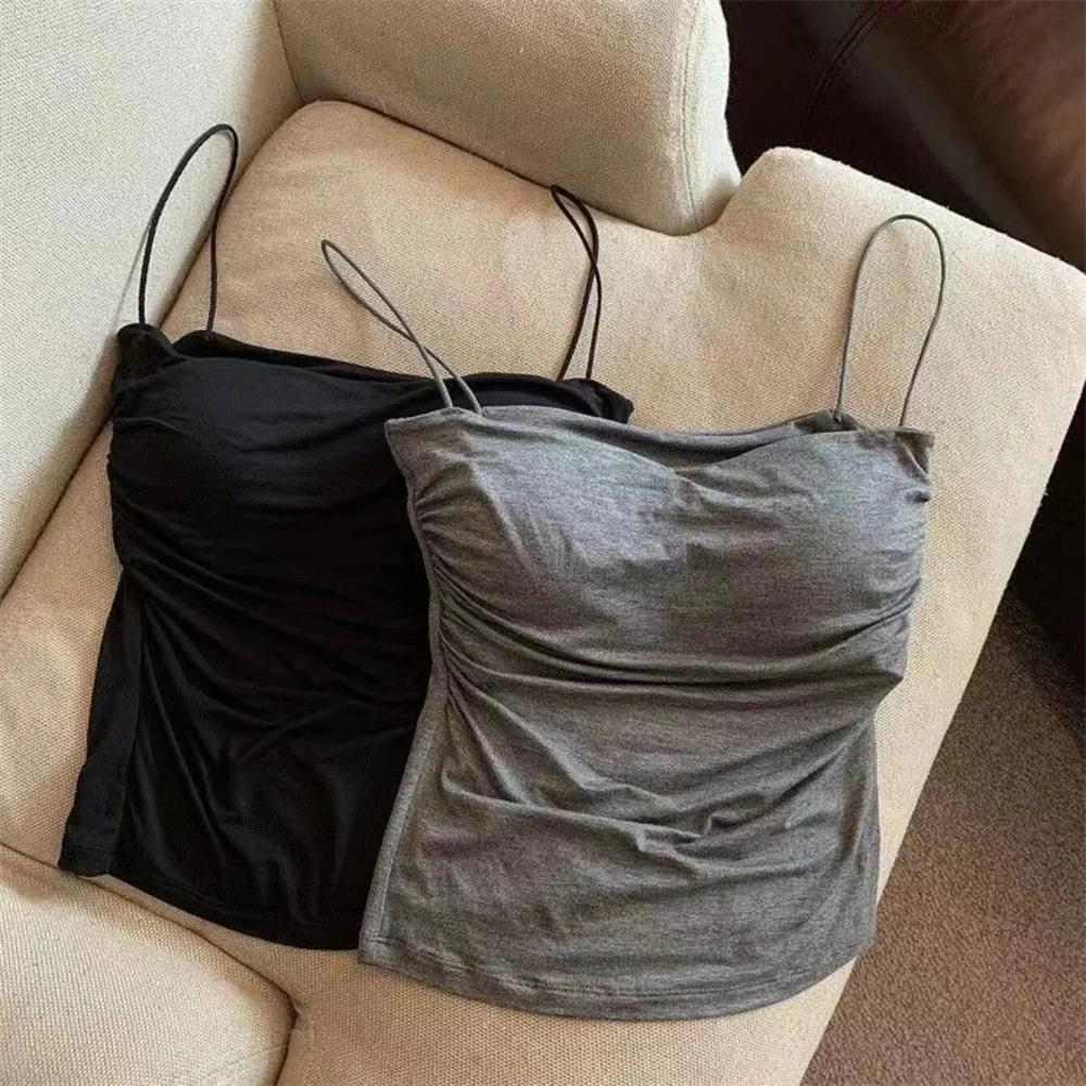 Women's Sexy Corset Crop Top - Thin Strap Ease, Bold Crop Top Look, Short Length, Pleated Detail, Solid Color, Built-In Bra, Soft Support, Sleeveless, Body-Hugging Sun Protective Sports & Outdoor Vest