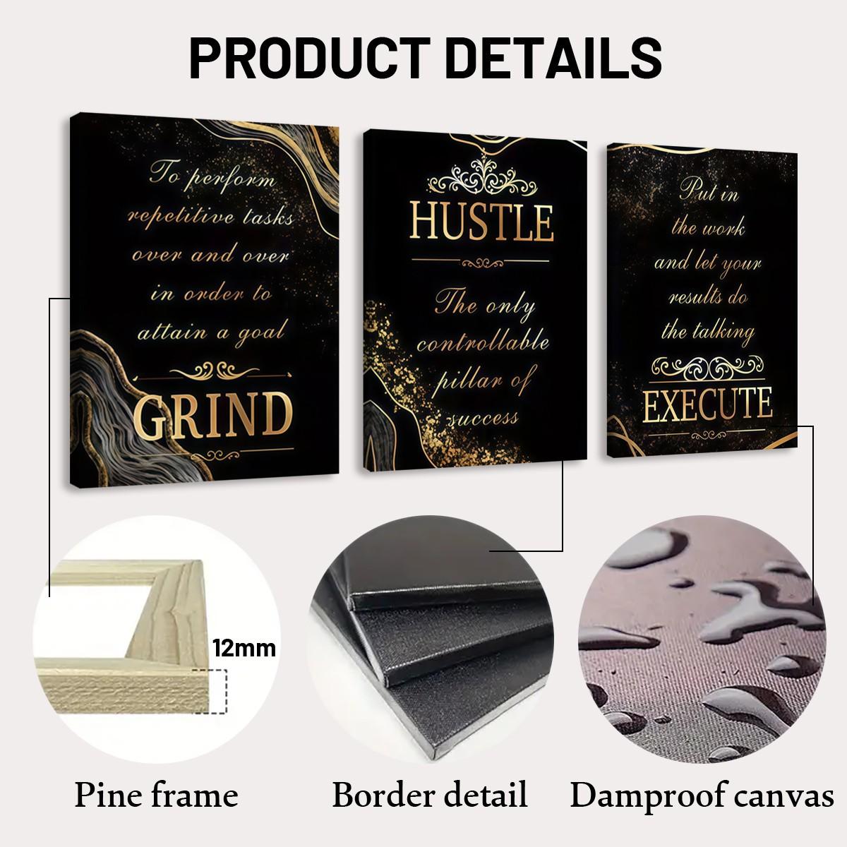 2D flat Wall decor framed 3-Piece Wooden Framed Black Gold Texture Canvas Wall Art, Inspirational Modern Wall Decor, Fashionable Home Poster for Living Room, Bedroom & Office