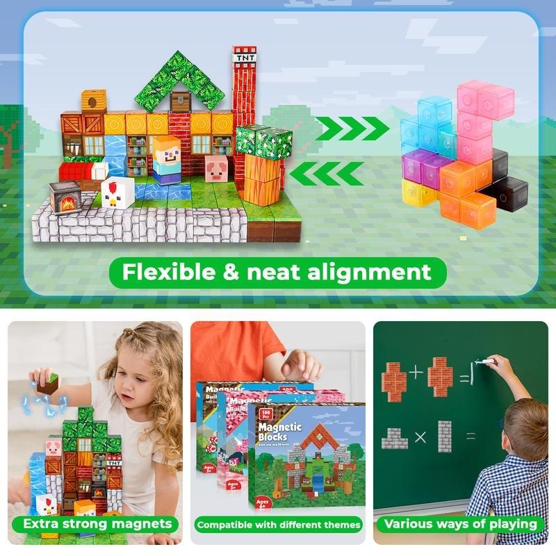 Magnetic Blocks-50/100/150/200 PCS Magnetic Building Blocks Magnetic Tiles Stacking, Build-Magnet-World Set, STEM Montessori Sensory Toys Magnet Blocks，Valentine's Day Gifts, Kids Gifts Educational Activities Creative Play Outdoorfun Square
