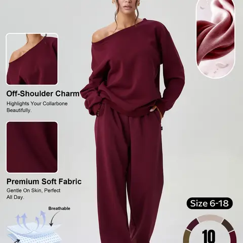 Women's Leisure Minimalist Solid Color Off-Shoulder Long Sleeve Top & Wide-Leg Trousers Co-ord, Cozy Scoop Neck Loose Two-Piece Set, Basic Casual Outfit