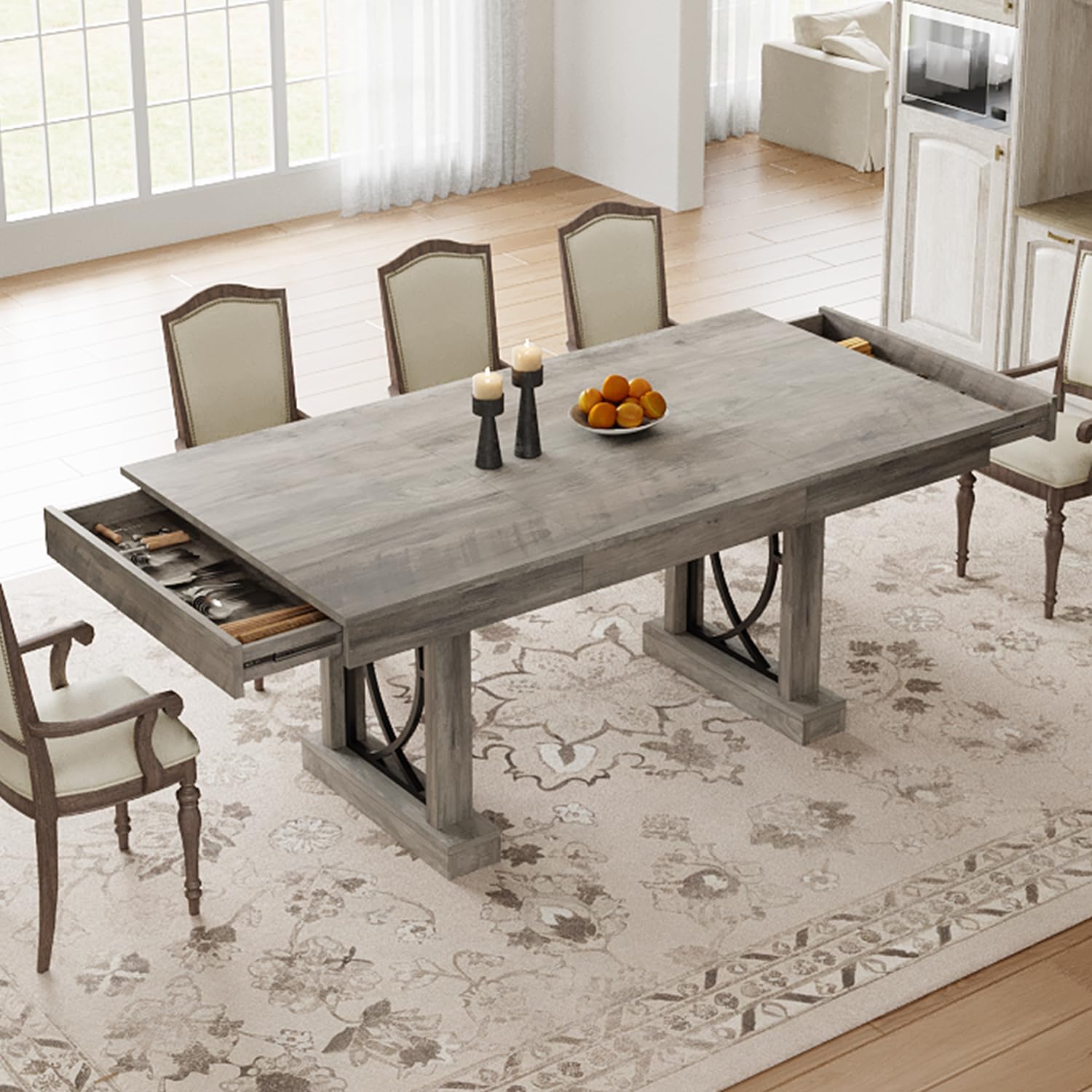 【 only Table 】71-Inch Rectangular Dining Table with Two Drawers, Wooden Kitchen Table w/Large Tabletop & Sturdy Frame, Large Dining Table for 6-8 with Double Pedestal, for Dining Room, Office