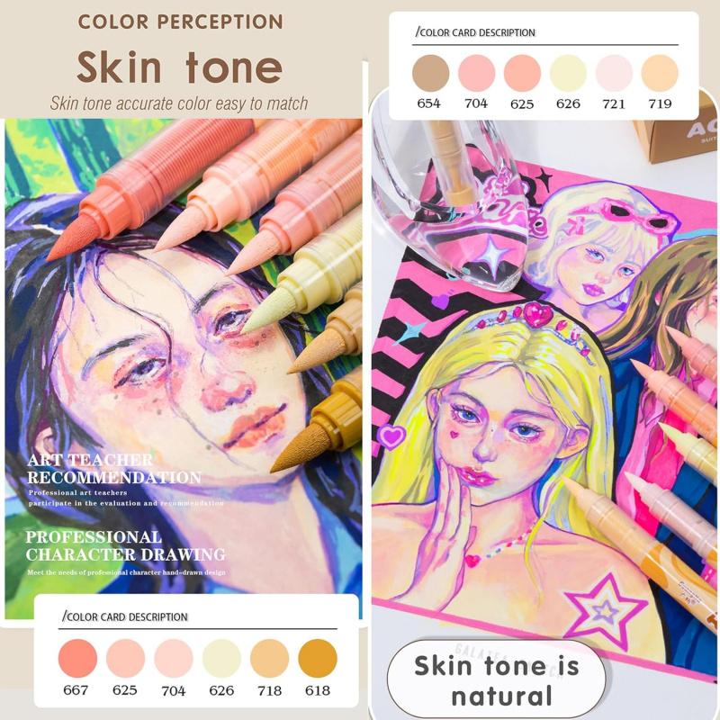 Guangna Skin Tone Macaron Color Acrylic Paint Art Markers, Brush Tip Set for Paper Wood Rock Glass Plastic Metal Canvas Comic Coloring Art Supplies