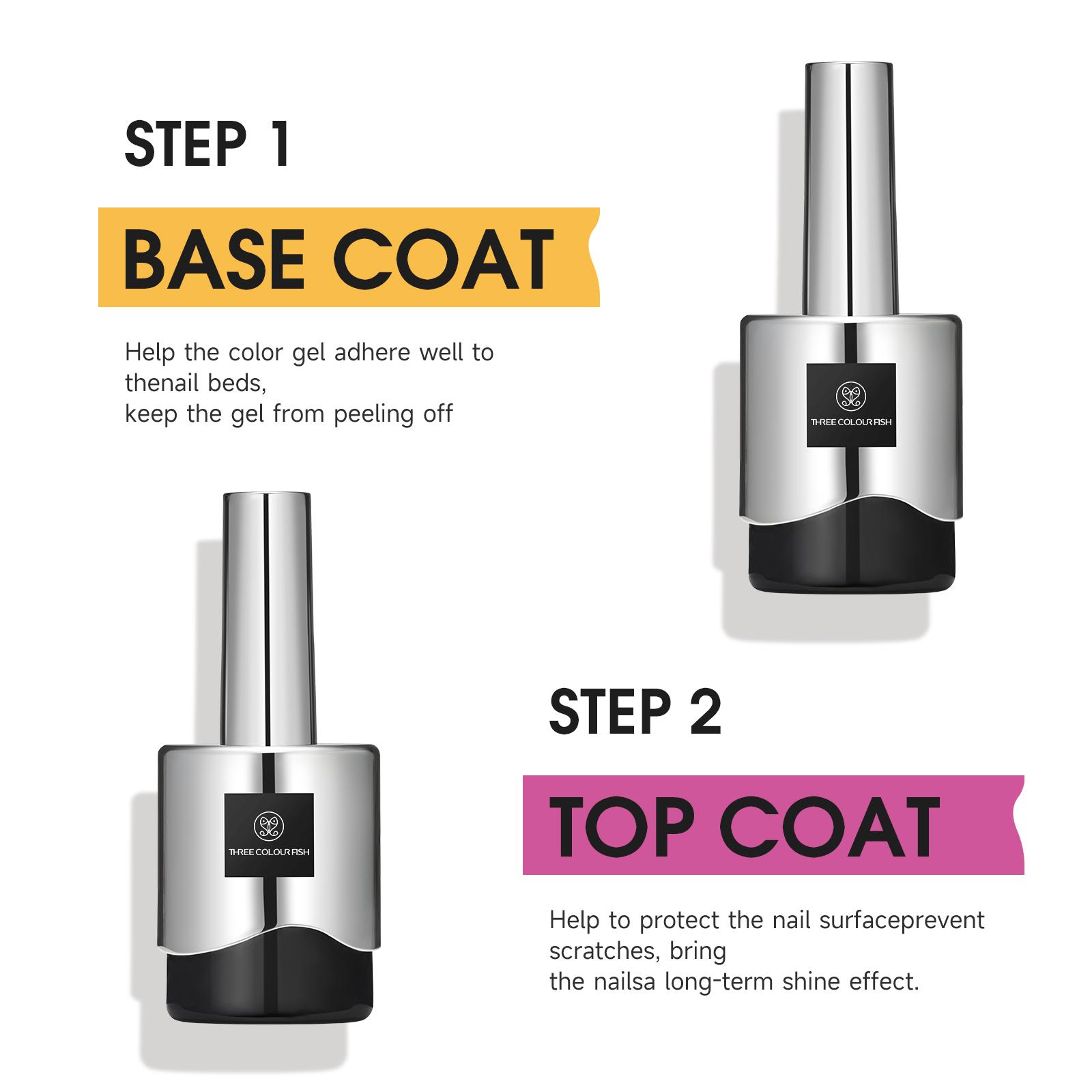THREE COLOUR FISH Top Coat Base Gel & Nail Glue Set-2Pcs No Wipe Top Coat & Base Coat with 5 In 1 Nail Glue Shine Effect Long Lasting Soak Off Uv Light Lamp Diy Home for Women Girls
