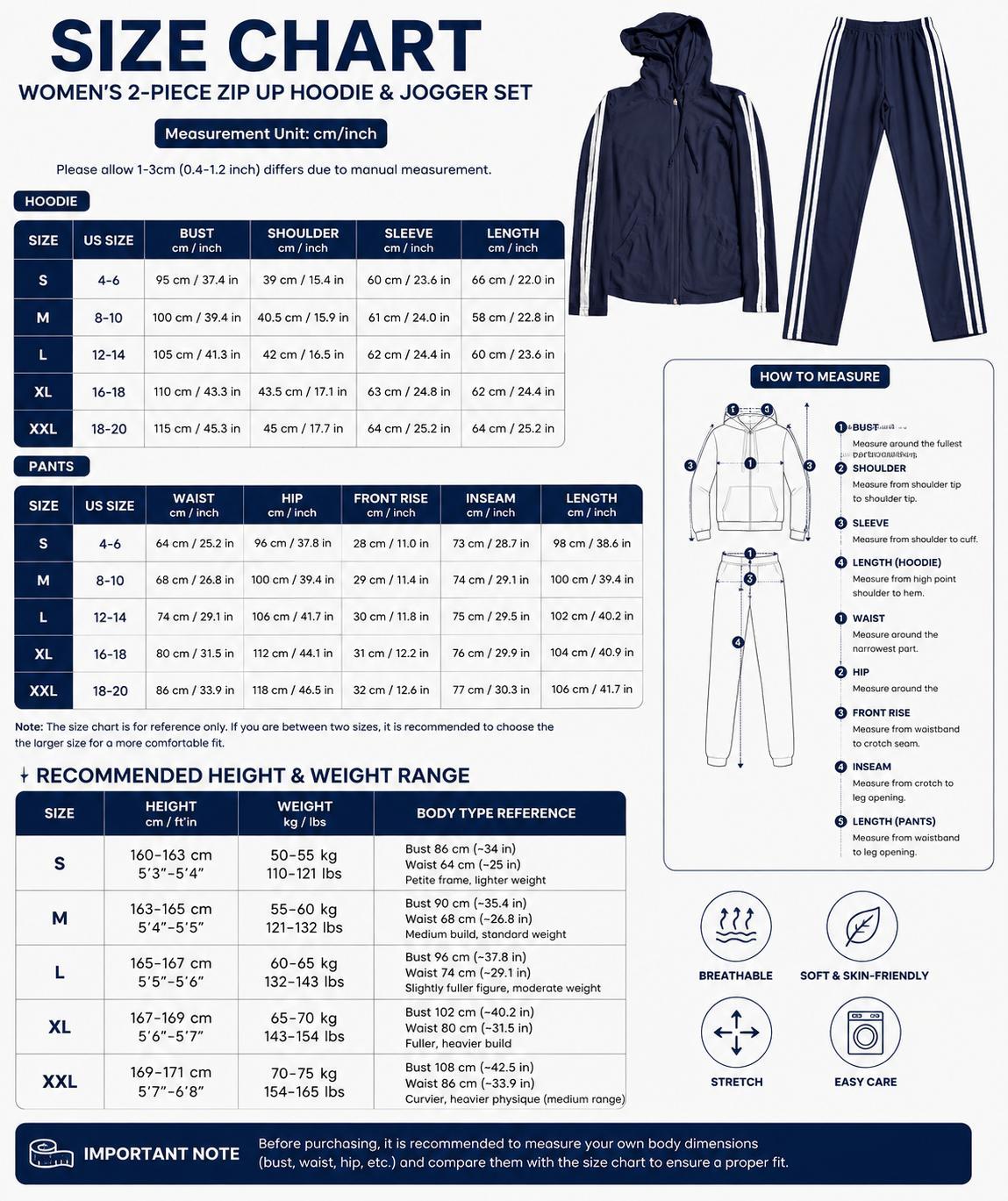 Women’s 2 Piece Zip Up Hoodie and Jogger Set, Long Sleeve Hooded Jacket with Drawstring Sweatpants, Casual Fitness Yoga Tracksuit, Outdoor Streetwear Matching Outfit, Minimalist Navy Blue