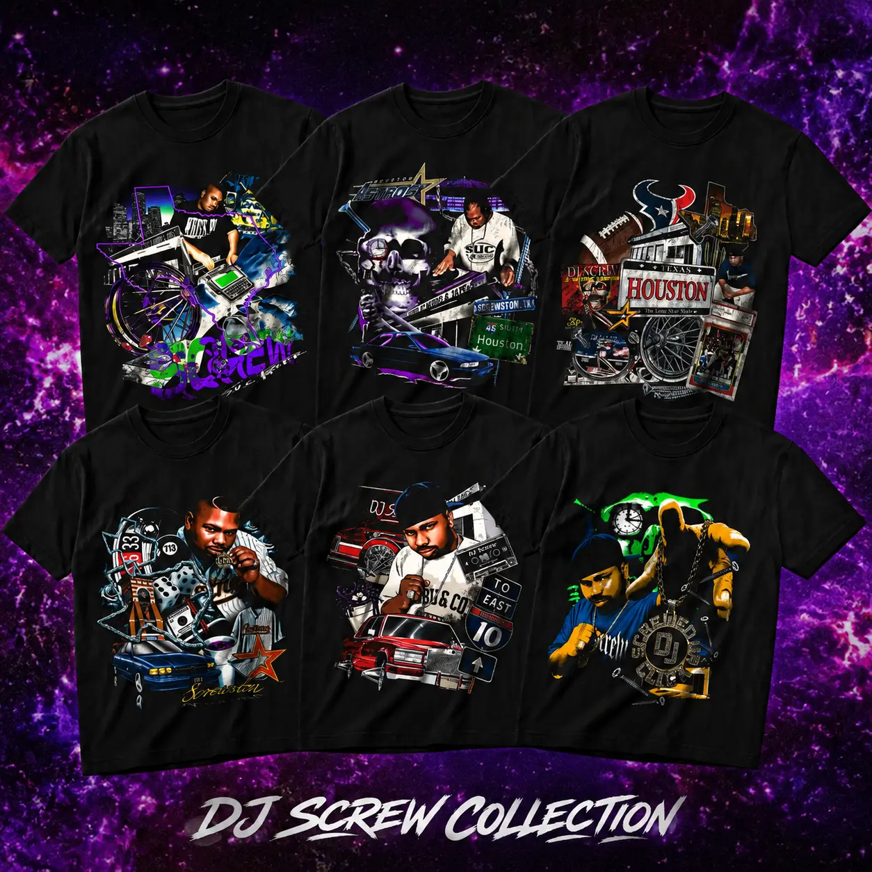 Screw Collection Heavy Cotton Unisex Graphic T-Shirt Hoodie Houston Texas Screwed Up Click DJ Screw 713 Crewneck Tee, Vintage Streetwear Graphic T-Shirt Direct To Garment Breathable Print