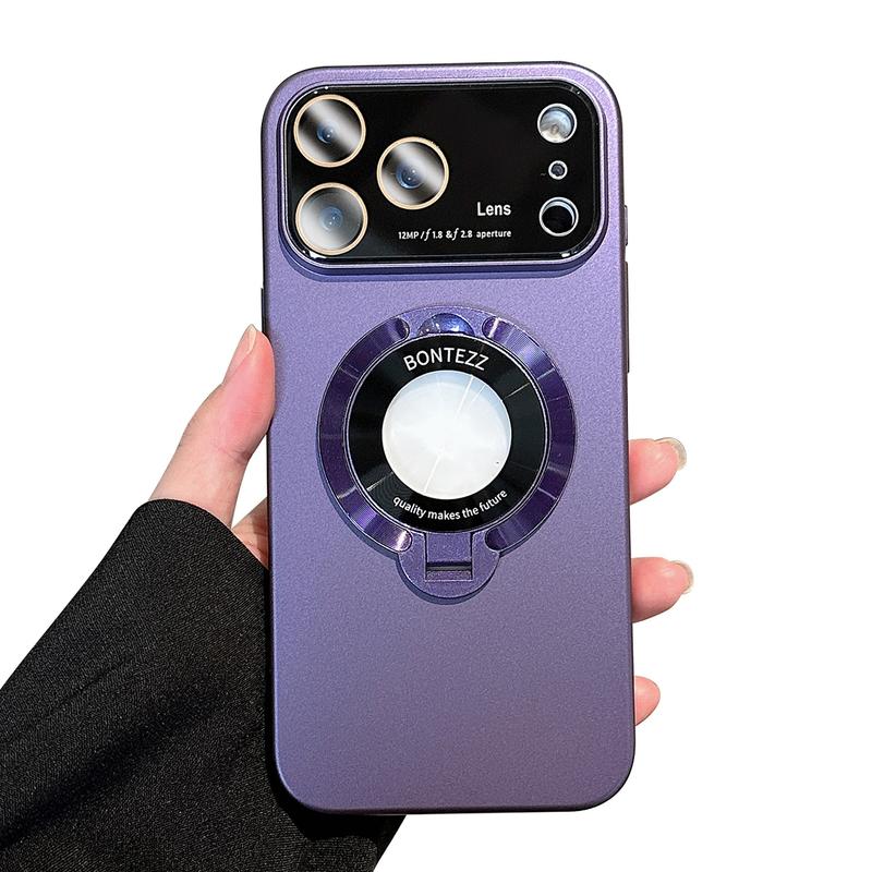 Luxury Slim Matte PC Bracket Case for iPhone 17 Pro Max 16 15 14 13 12 Magsafe Magnetic Ring Stand Case +Lens Protect Compatible with Magsafe, Window Glass Lens Camera Protector Magnetic Cover