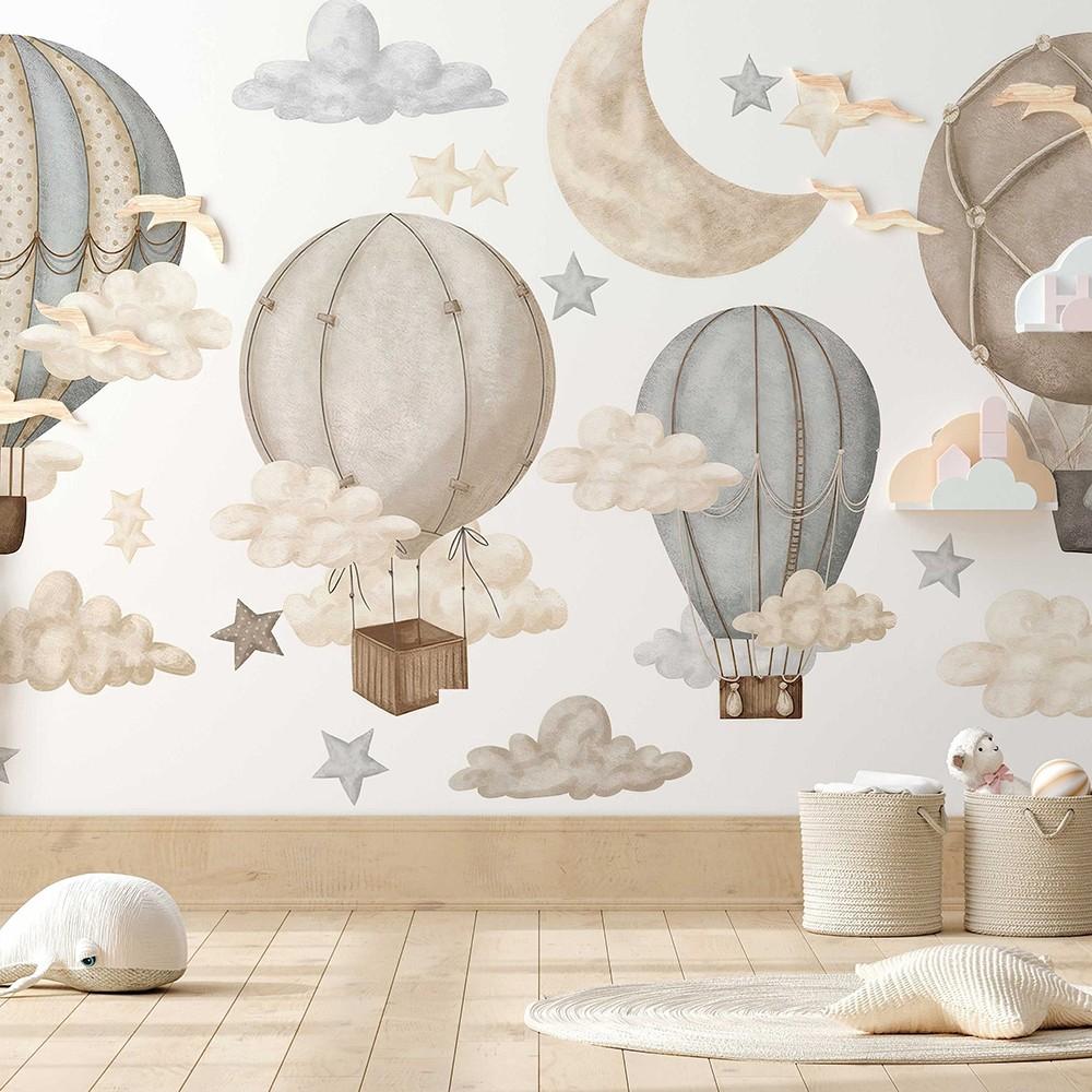 Cartoon Hot Air Balloon and Stars Wall Stickers, Moon Cloud Wall Stickers, Bedroom Home Decor, Fun and Stylish Room Accessories