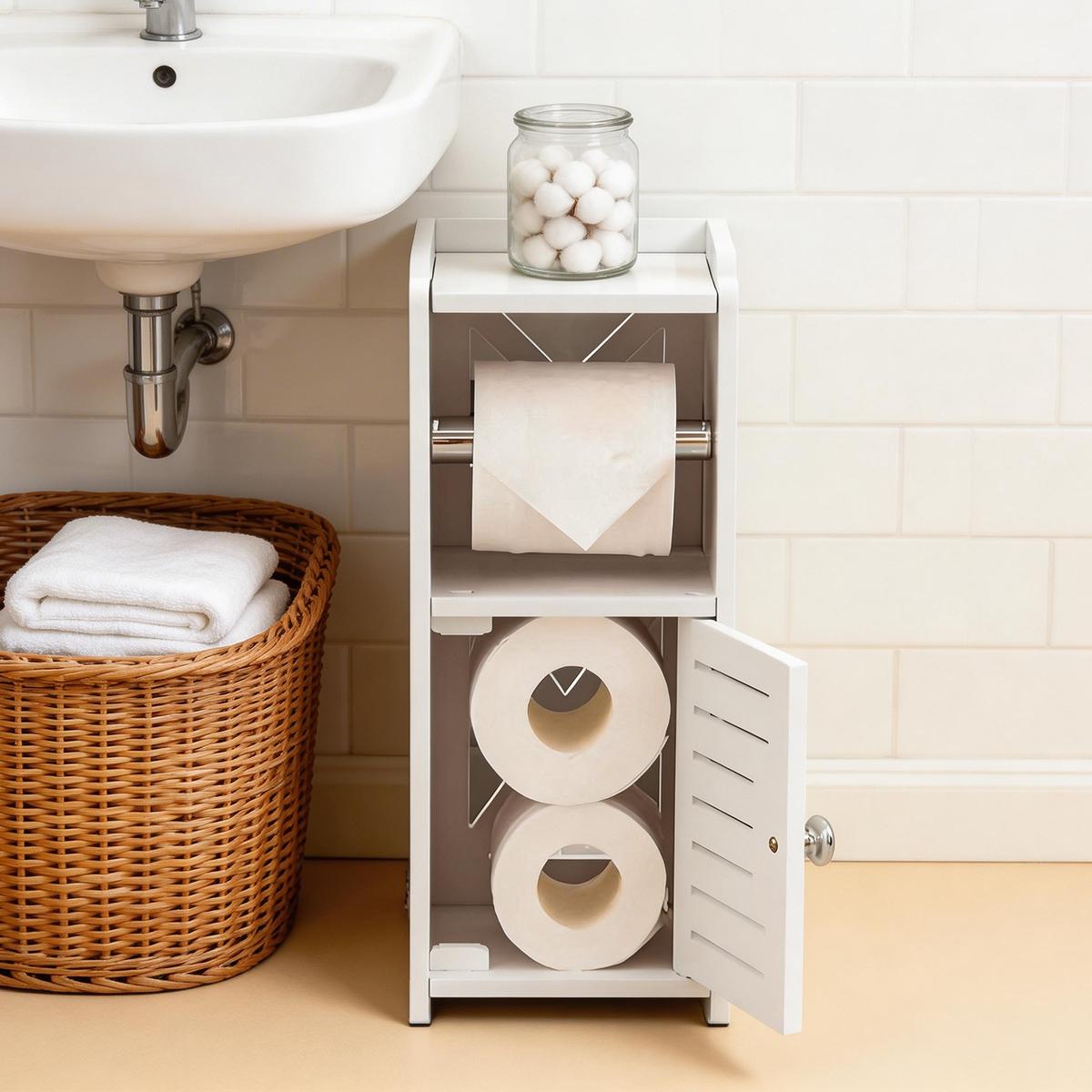 Vertical Toilet Paper Holder Cabinet, Independent PVC Bathroom Storage Cabinet, Compact Storage Solution for Apartment Residents