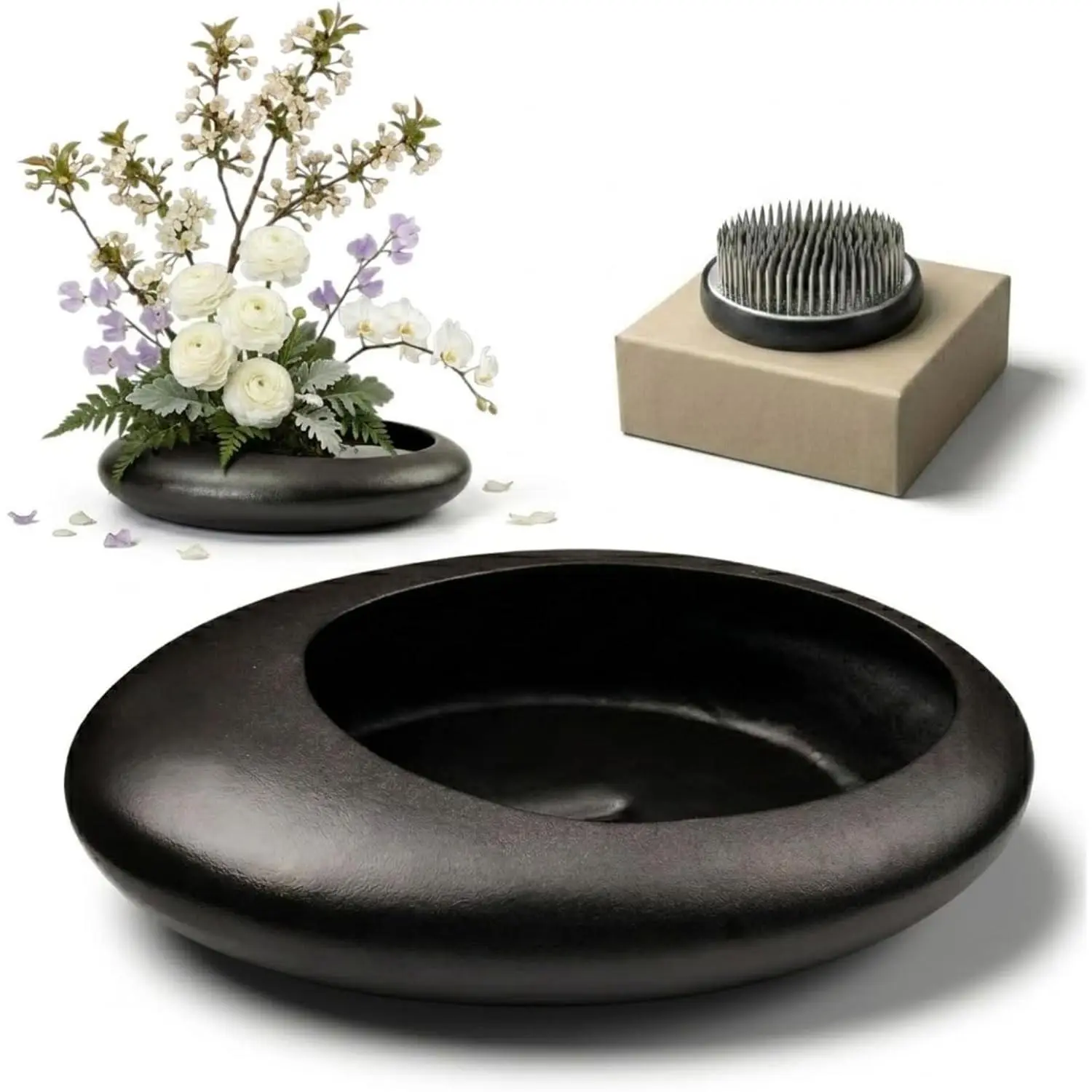 Ikebana Bowl Kit - Japanese Flower Arrangement Vase with 2.4'' Floral Frog Included, Black Complete Ikebana Set for Floral Arranging