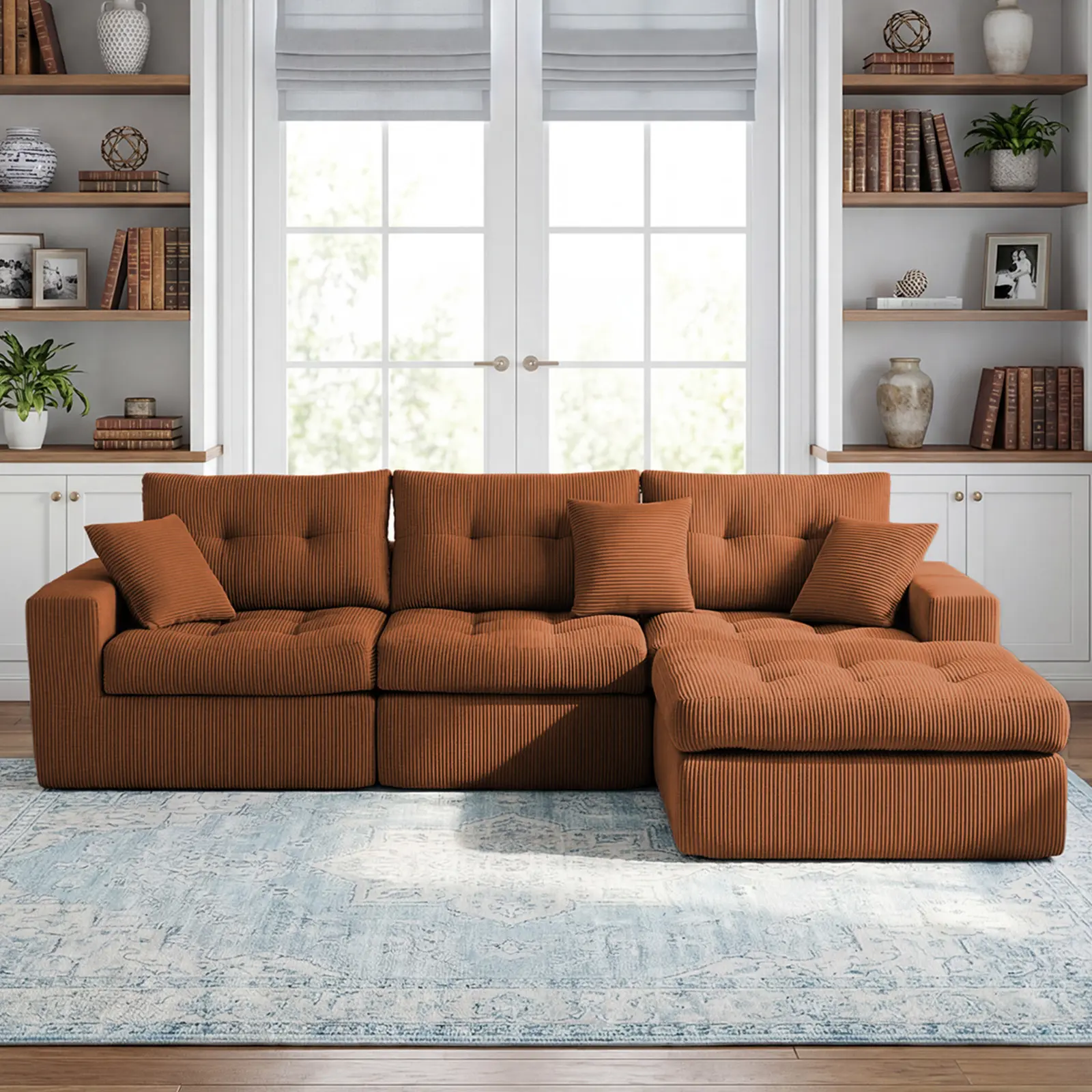 Orange Corduroy L-Shaped Sectional Couch with Corner Chaise, 3-Seat Convertible Sofa Bed for Living Room, Apartment, Guest Room