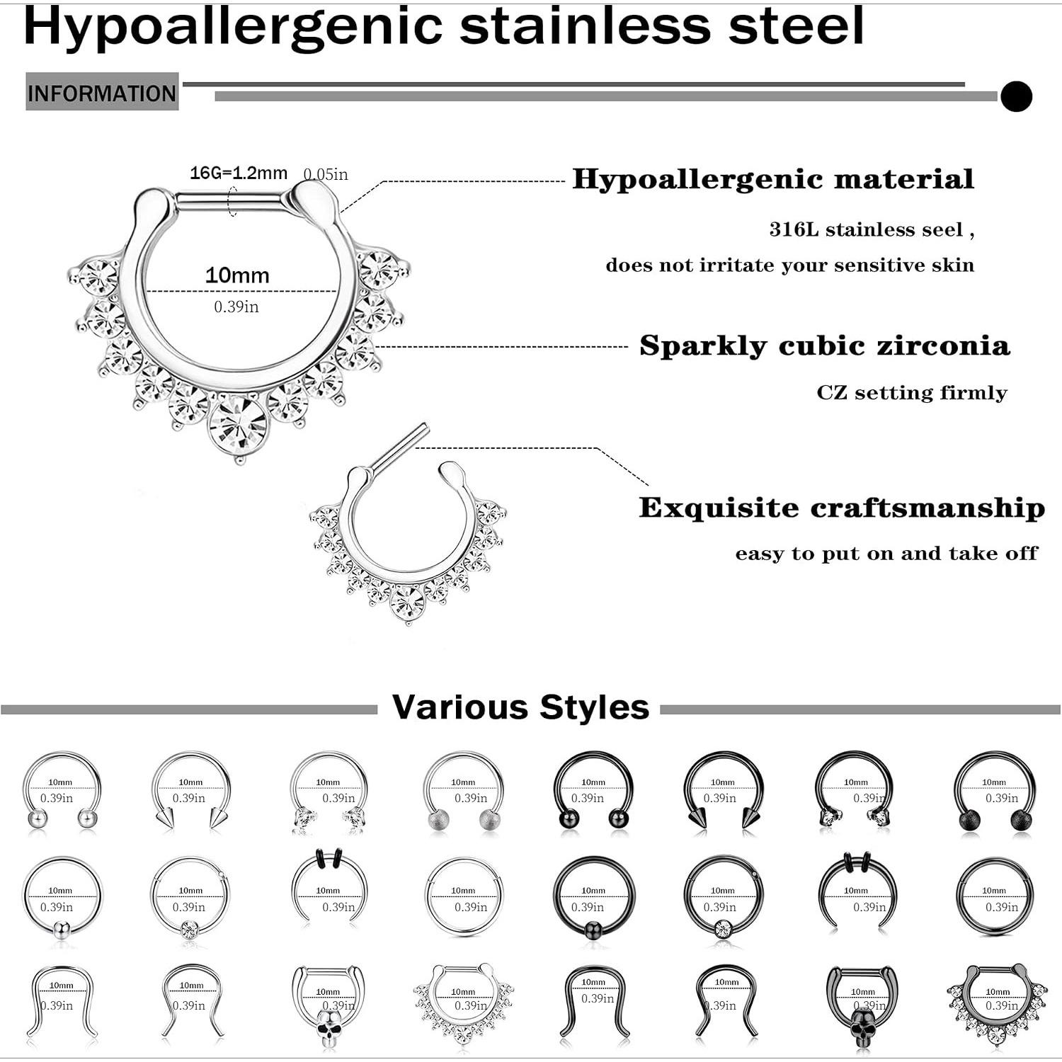 24PCS 16G Hypoallergenic Surgical Steel Septum Clicker Hoops Bundle Unisex, 8mm & 10mm CZ Inlaid Horseshoe Multi-Wear Piercing Jewelry, Nose Rings Set Lip Helix Daith Cartilage Rings