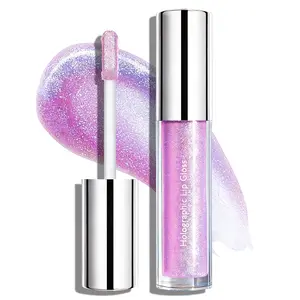 Holographic Glitter Lip Gloss, Sparkling Blue Shimmer Liquid Lipstick, Color Shifting High-Shine Plumping Lip Gloss for Women, Non-Sticky Metallic Lip Stain Oil Glitter Makeup, 03 Hot Pink