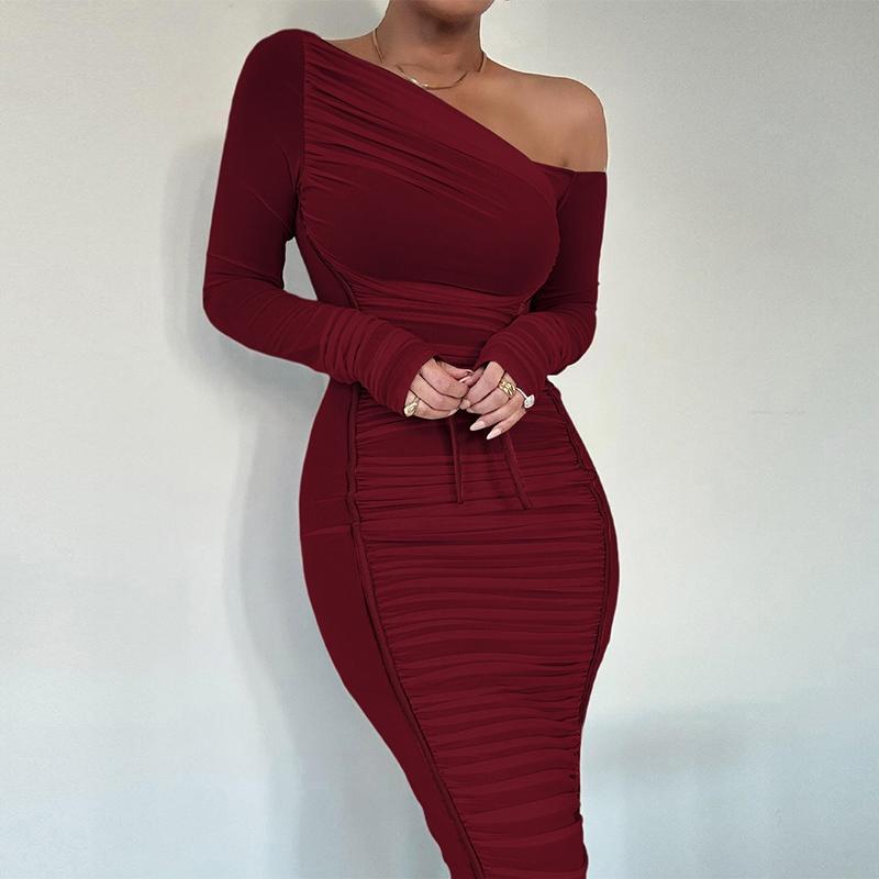 Women's Striped Ruched Asymmetrical Neck Bodycon Dress, Elegant Long Sleeve Dress for Parties, Clubs and Dates, Women's Clothing for Spring & Fall