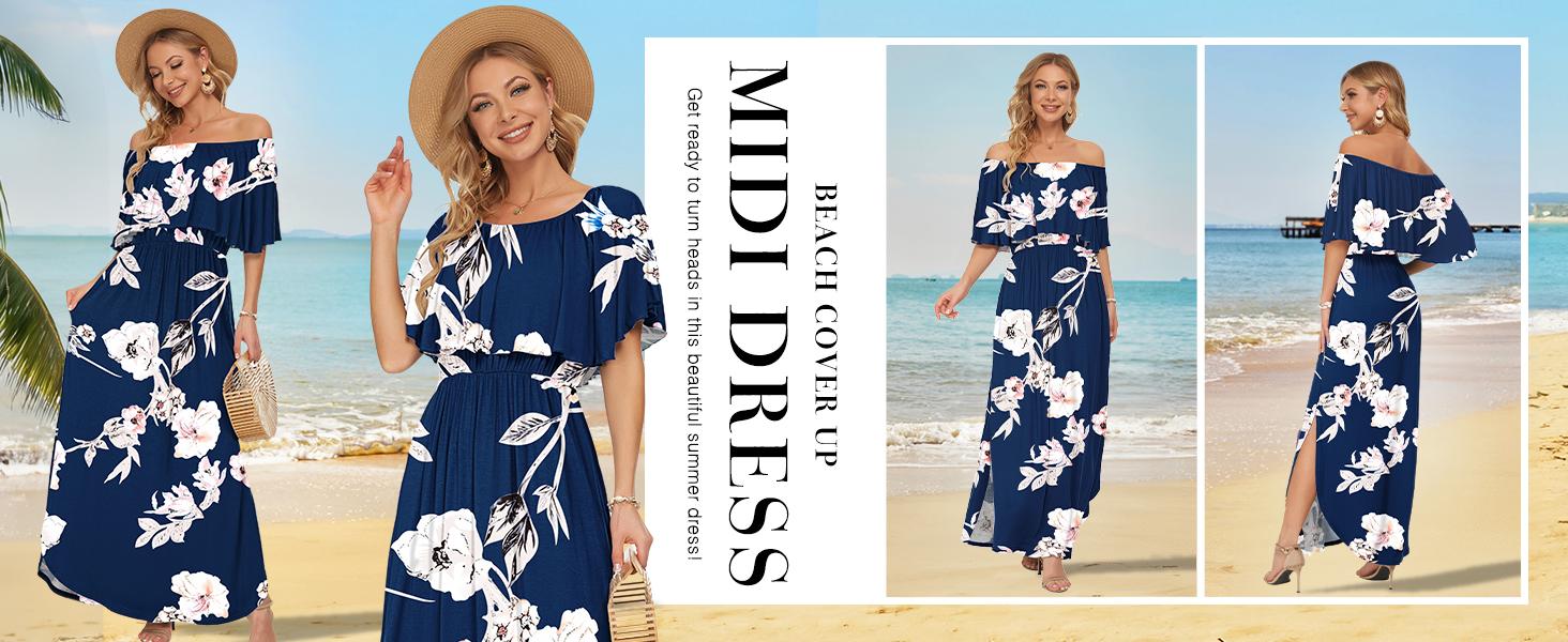 AUSELILY Womens Off The Shoulder Dress Wedding Guest Dress Summer Casual Long Ruffle Party Side Split Beach Maxi Dresses with Pockets AUSELILY Womens Off The Shoulder Dress Wedding Guest Dress Summer Casual Long Ruffle Party Side Split Beach Maxi Dresses with Pockets