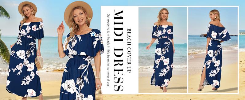 AUSELILY Womens Off The Shoulder Dress Wedding Guest Dress Summer Casual Long Ruffle Party Side Split Beach Maxi Dresses with Pockets