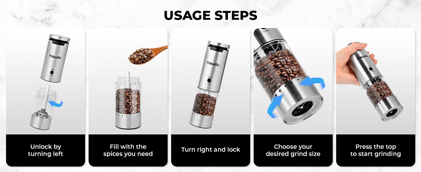 Pukomc Smart Electric Grinder Set, 6 adjustable levels, rechargeable LED base, one-handed operation, easy to clean, with 12 refills & accessories