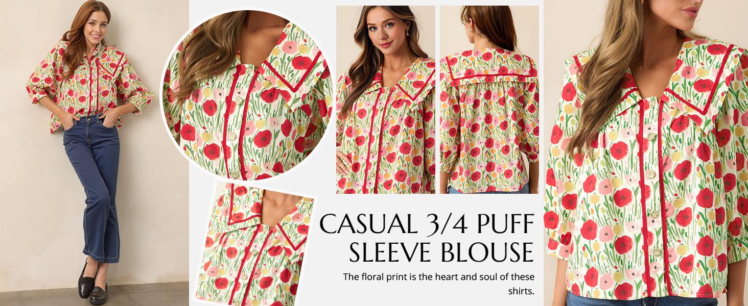 Cicy Bell  Women's Floral Button Down Shirts Trendy Casual 3/4 Lantern Sleeve Blouse Square Neck Collared Tops Lightweight Soft Polyester Elastane