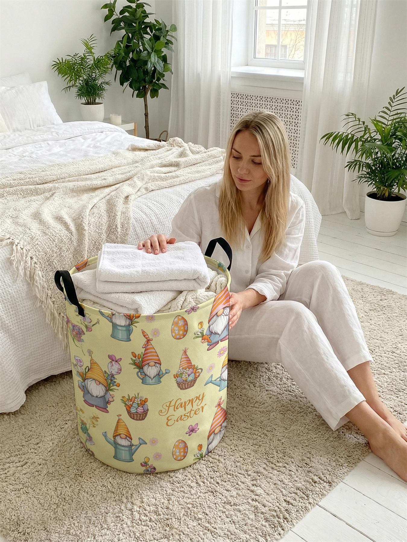 1pc Easter Elf Pattern 2D Printed Easter Basket with Handle, made of wear-resistant material, foldable home laundry hamper, large capacity laundry storage basket, toy storage box