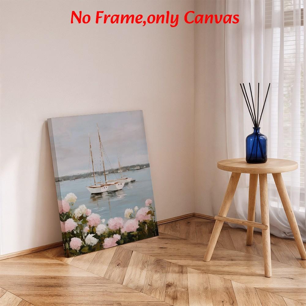 Travel Wall Art, Sailboats On Lake With Hydrangea Poster, Coastal Oil Painting Style Printing, Soft Blue Pink Canvas Decoration, Living Room & Bedroom Aesthetic, Perfect Housewarming Gift, Framed.