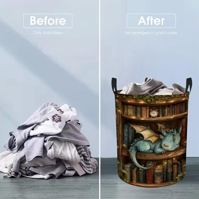 1pc Round Laundry Basket, Cozy Bookshelf Dragon Pattern, Spacious Laundry Basket, Collapsible Laundry Basket Easy Storage, Durable Polyester Material, Dorm And Laundry Room Storage, Versatile Storage Solution, Laundry Baskets, Shelf Baskets