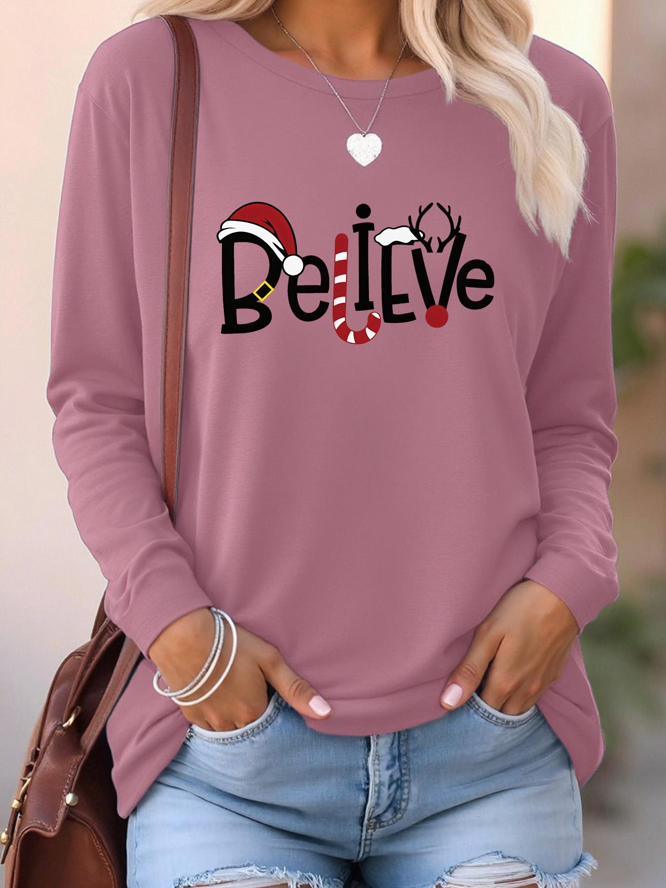 Women's Letter & Reindeer Print Round Neck T-shirts, Casual Long Sleeve Crew Neck T-shirts for Fall & Spring, Women's Clothes for Daily Wear