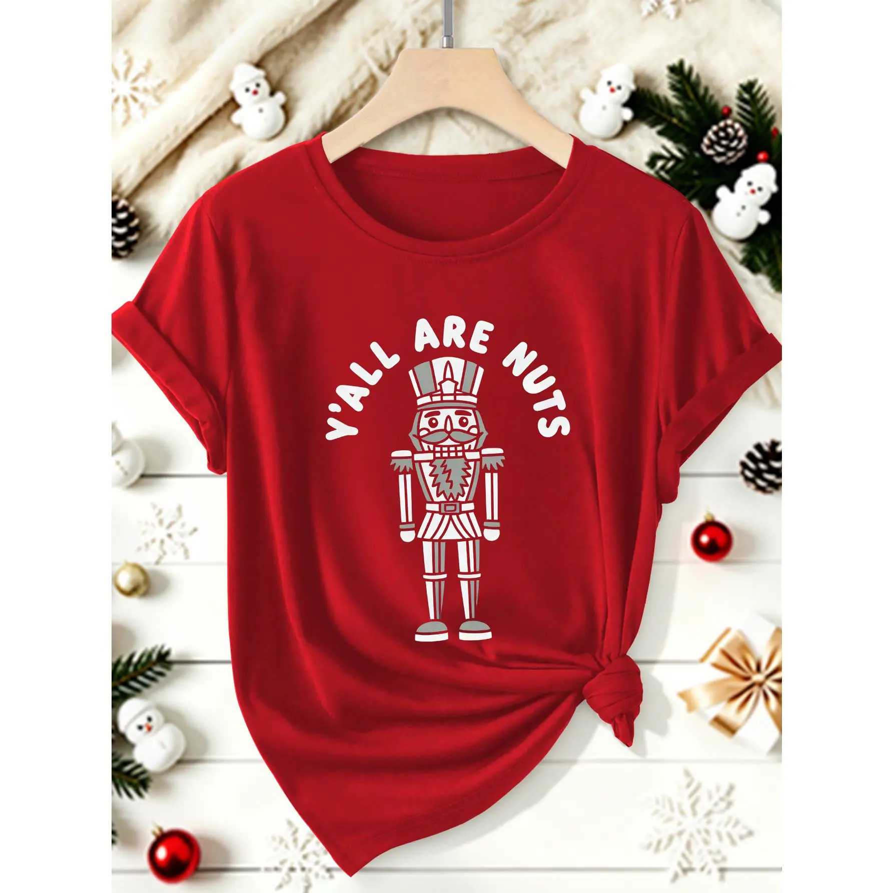 [Christmas Gift] Summer Clothing Women'S Top | Retro Nutcracker Pattern Letter Print Short Sleeve T-Shirt | Christmas Enthusiast Casual Loose Round Neck Short Sleeve | Summer Lively Casual Short Sleeve T-Shirt Women'S Clothing | Fashion Vacation Sty