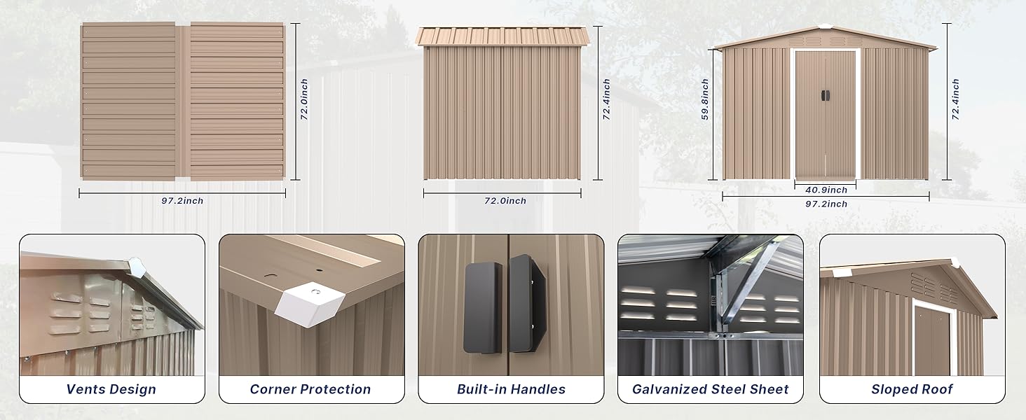 [2/3 packages delivery] Kullavik Outdoor Storage Shed 10“×8”, Waterproof Metal Tool Shed with Door,Ramp Plate for Outside,Garden,Backyard,Patio