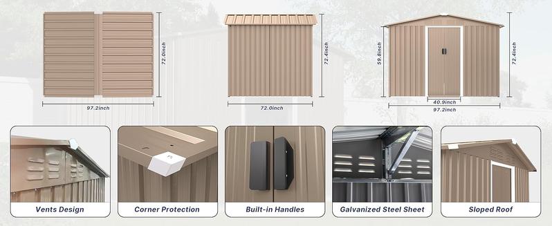 [2/3 packages delivery] Kullavik Outdoor Storage Shed 10“×8”, Waterproof Metal Tool Shed with Door,Ramp Plate for Outside,Garden,Backyard,Patio