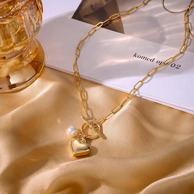 Tewiky Necklace for Women Trendy Layered Pendant Necklaces Dainty Chain Heart Paperclip Snake Necklace Thick T-bar Coin Necklace for Women Jewelry For Valentine's Day