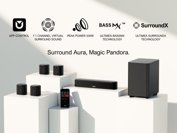 ULTIMEA Aura A40 7.1ch Virtual Surround Soundbar – Entry Level 4 Adjustable Speakers, 121 EQ Presets, Subwoofer, Wall-Mountable Budget Edition.Audio.Smartphone. Bluetooth. Sound Bar. TV