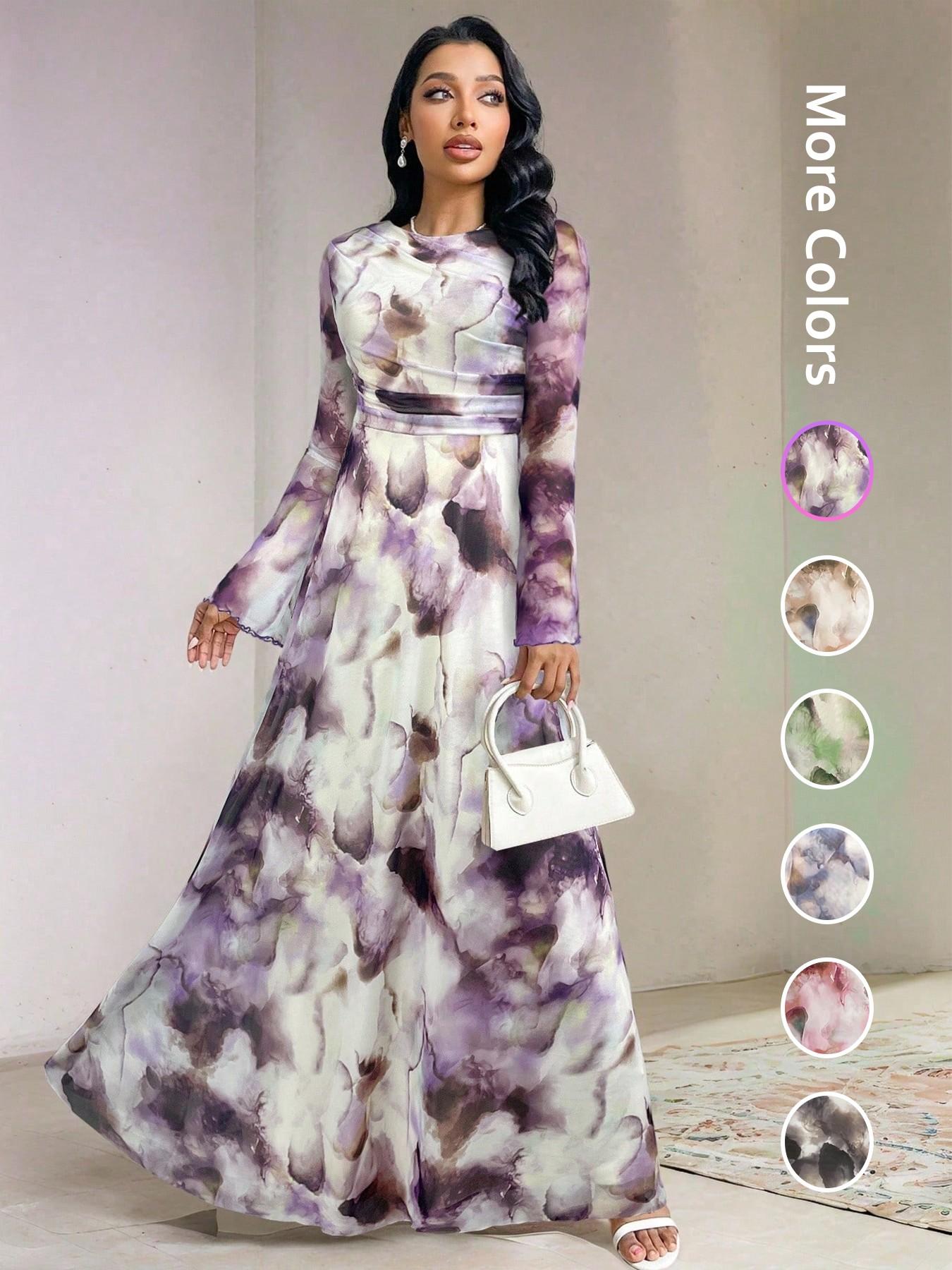 Elegant Women's Tie-Dye Print Long Sleeve Round Neck Maxi Dress, Party Wear Formal Gown, Ladies Fashionable Chic Evening Dresses