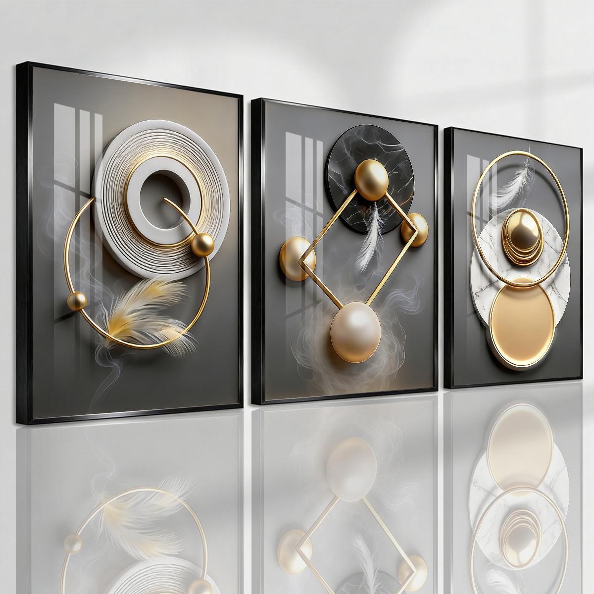 3 Counts Aluminum Alloy Framed Painting, Modern Abstract Geometric Gold And Feather Art Pictures, Home Decoration For Living Room, Bedroom, Office, Restaurant, Hallway Wall Decor, Odorless Print Artwork, Luxury Perfect Gift For Friends And Family