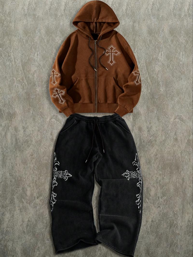 Cross Embellished Zip - Up Hoodie and Track Pants Set, Edgy Streetwear, TikTok - Trending Fashion, Streetwear Tracksuit Set