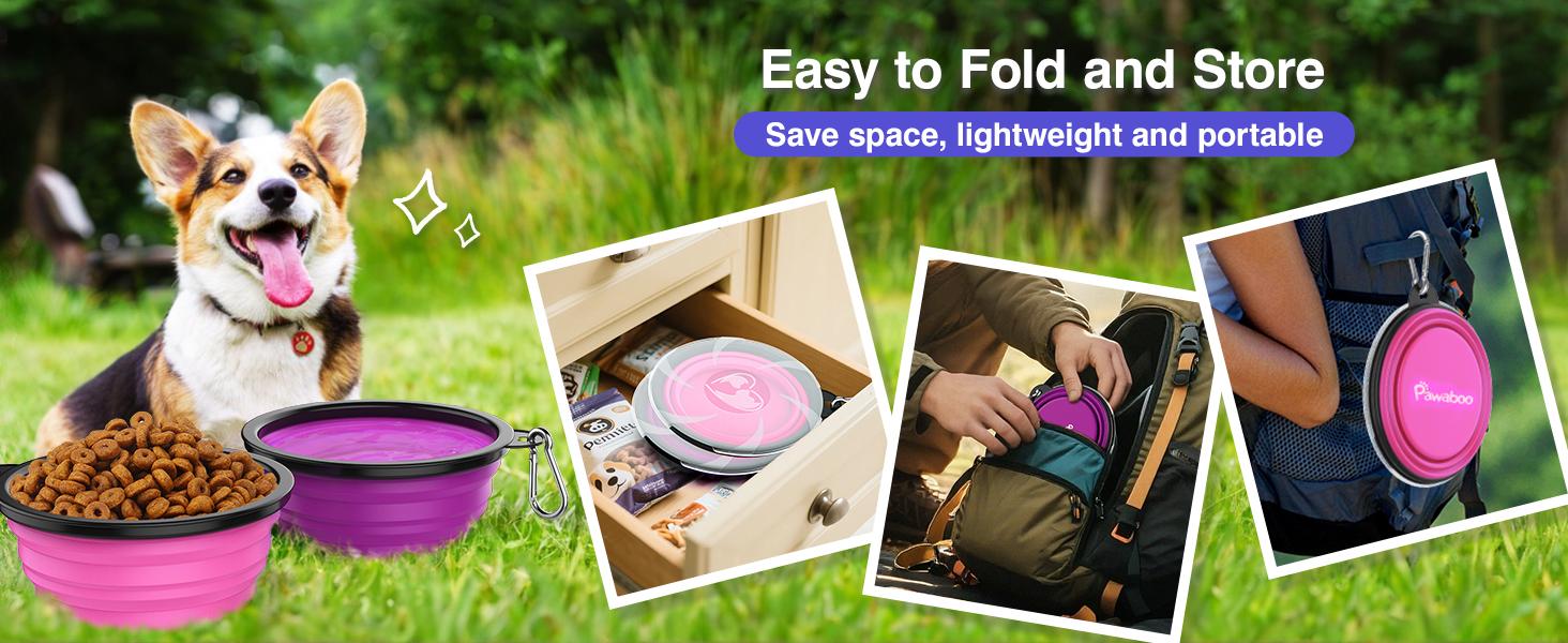 Pawaboo 2-Pack Collapsible Dog Bowls – Portable Silicone Food & Water Set with Lids & Clips